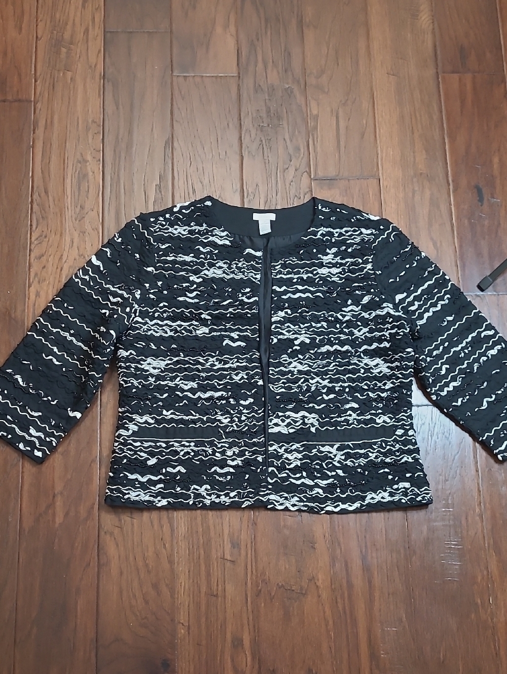 Chico's Black & White Textured Open Front Beaded Jacket size 2